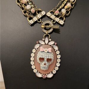 Betsey Johnson Girlie Grunge Skeleton Cameo Statement Necklace Multi strand #K52
